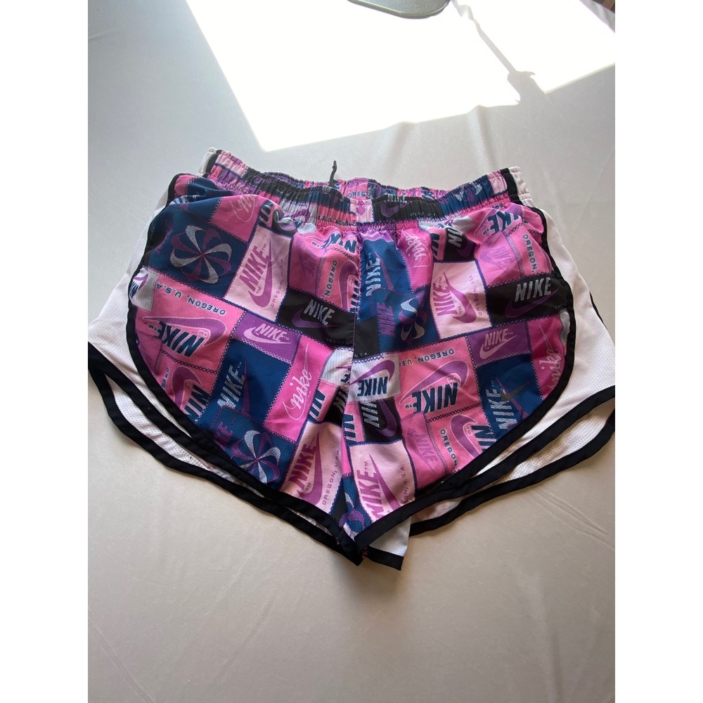 Nike Dri-FIT Women Pink Blue Patchwork Logo Running Shorts Size Medium